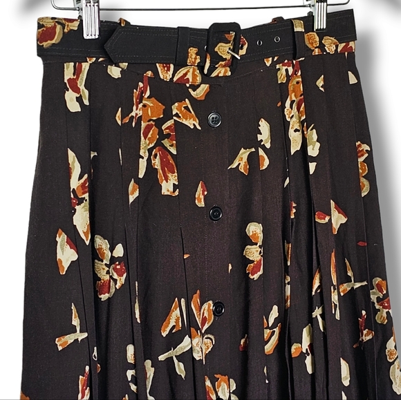 Together Vintage Maxi Skirt Size 8 Dark Brown Floral Pleated Button Front Modest - Picture 5 of 8